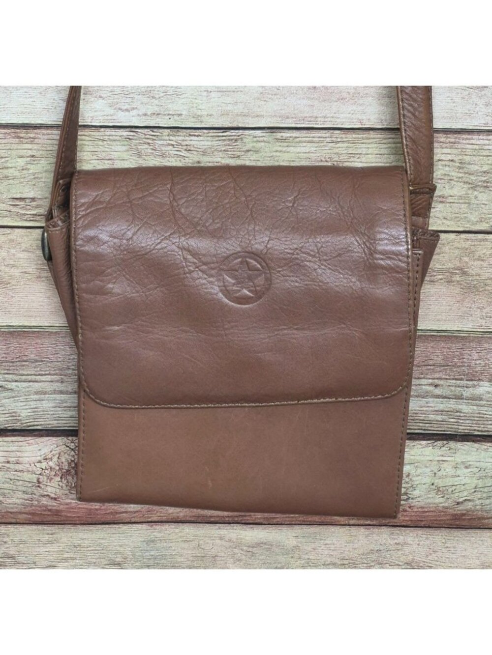 Brown Genuine Leather Crossbody Organizer Purse Bag TEXAS Star Adjustable Strap